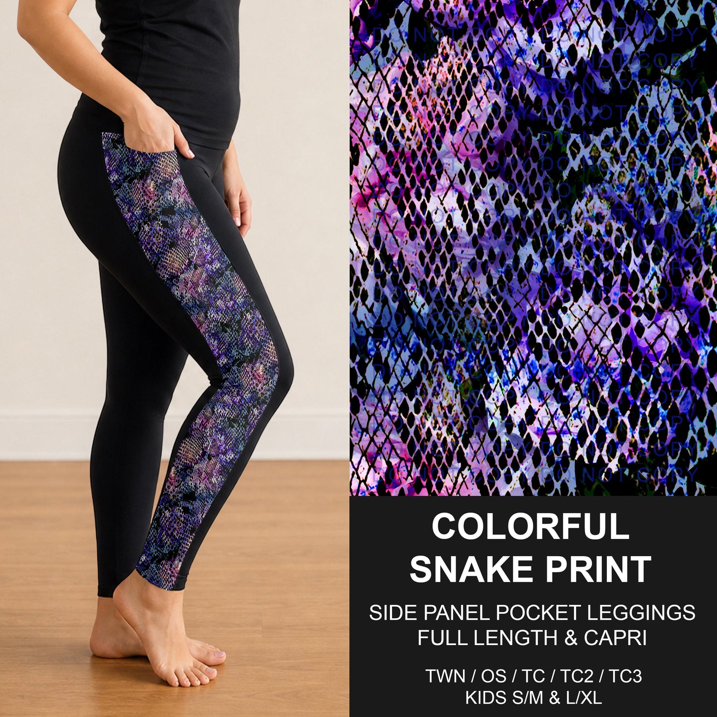 B300 - Preorder Colorful Snake Print Side Panel Pocket Leggings (Closes 7/15. ETA: mid Sept.)