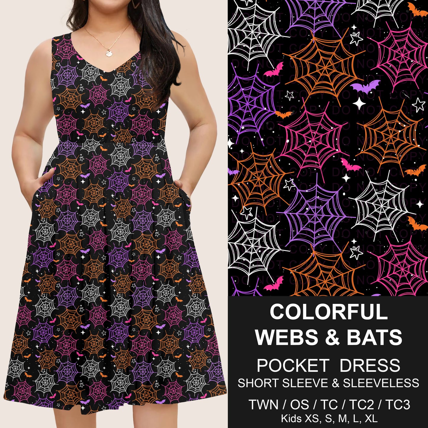 B302 - Preorder Colorful Webs and Bats Pocket Dress (Closes 7/24. ETA: early Oct)
