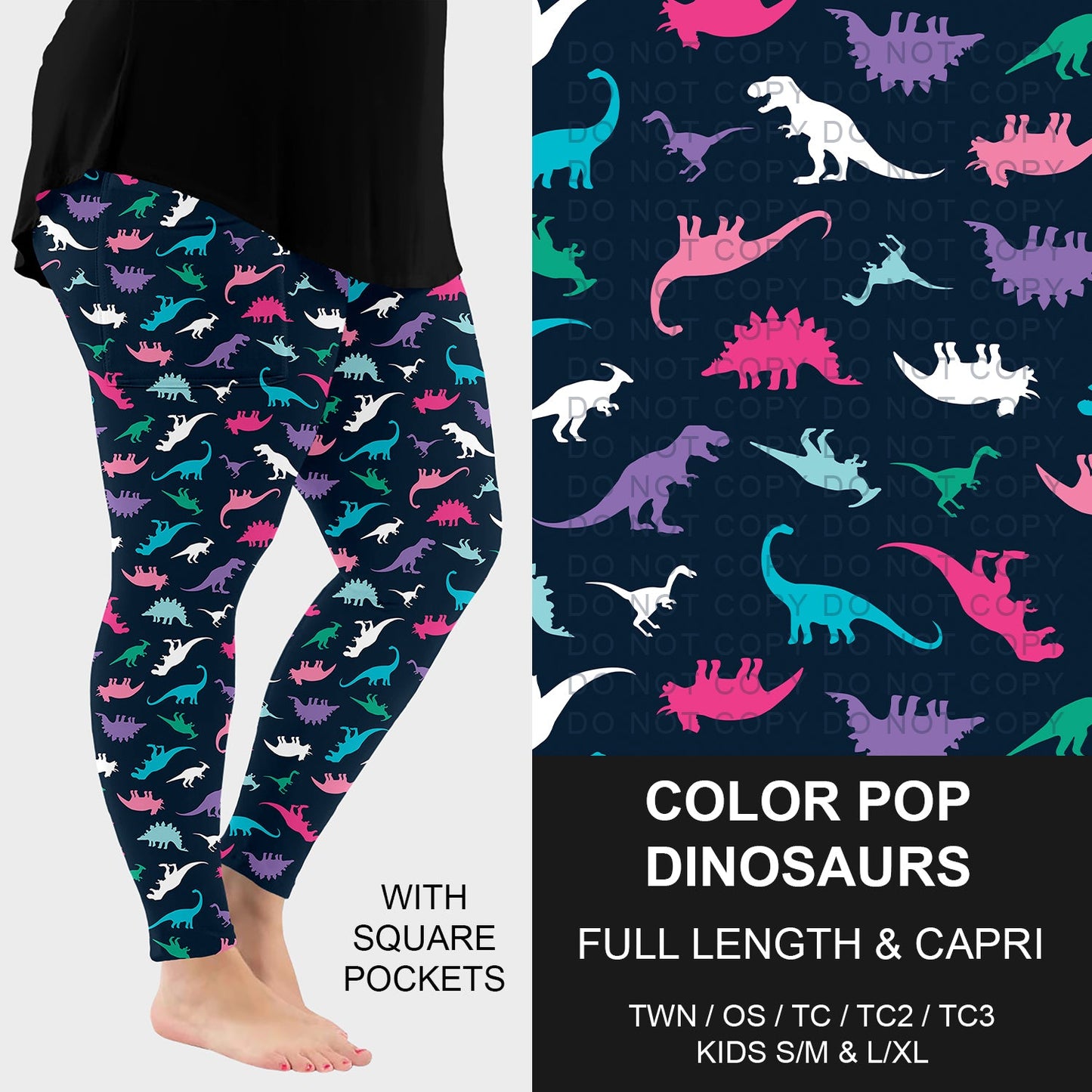 B294 - Preorder Color Pop Dinosaurs Leggings w/ Pockets (Closes 6/07. ETA: early Aug.)