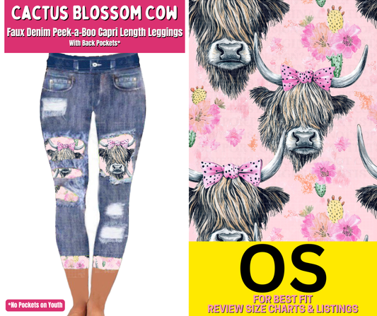 Cactus Blossom Cow Capri Faux Denim Peekaboo