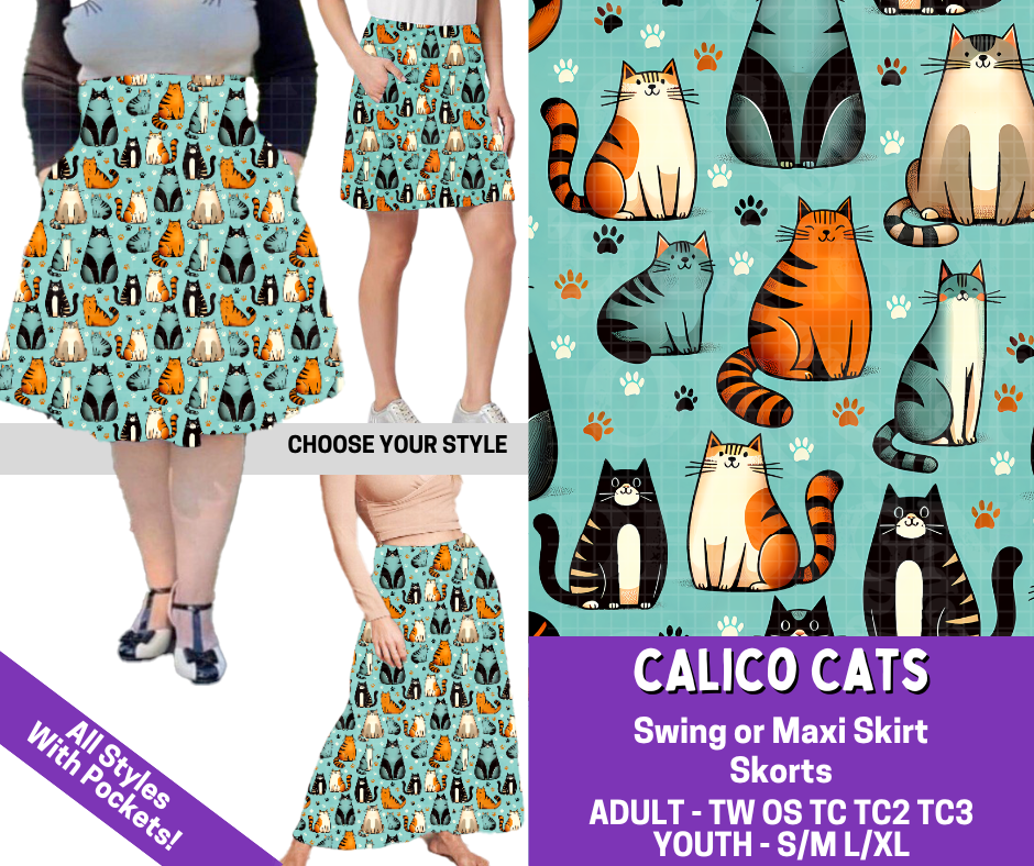 Preorder! Closes 5/27. ETA Aug. Calico Cats Combo Skort/Skirt Lengths
