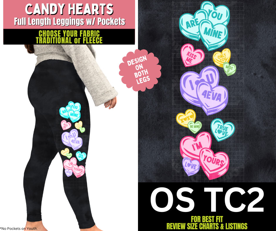 Candy Hearts Watercolor Leggings w/ Side Leg Designs Choose Fleece or Traditional
