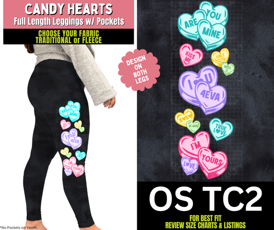 Candy Hearts Watercolor Leggings w/ Side Leg Designs Choose Fleece or Traditional