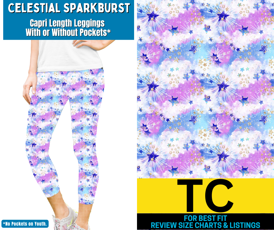 Celestial Sparkburst Capri Length Leggings w/ Pockets
