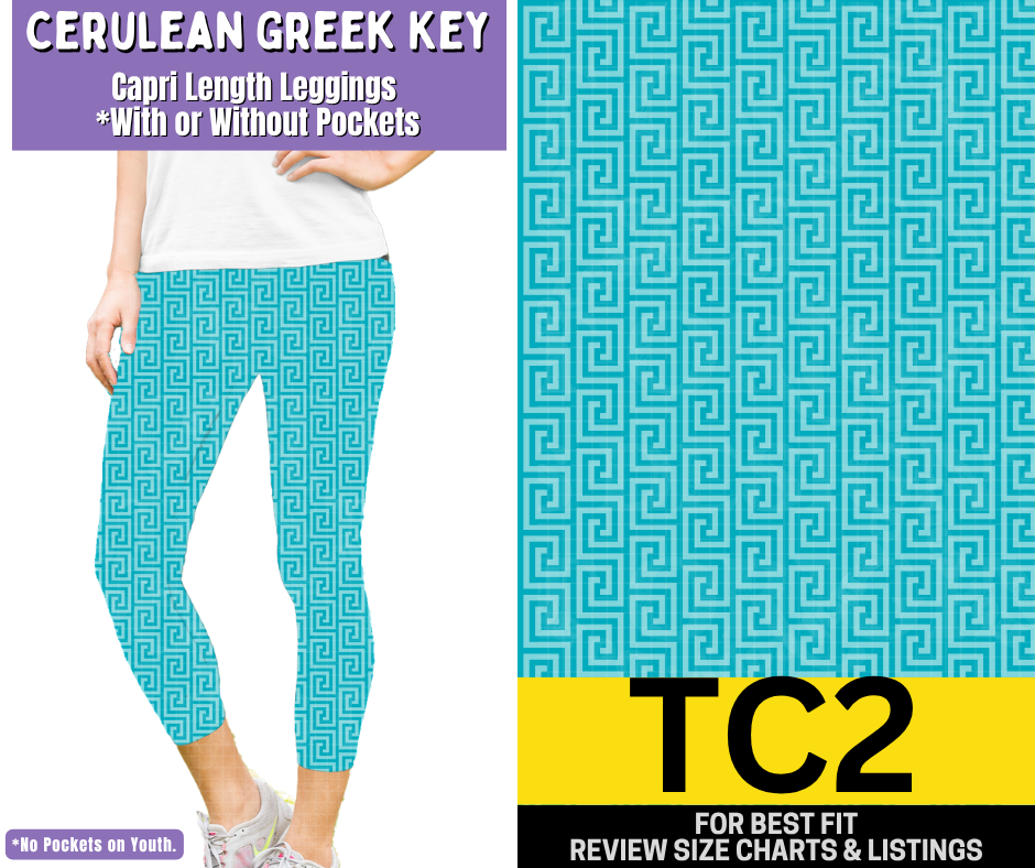 Cerulean Greek Key Capri Length Leggings w/ Pockets