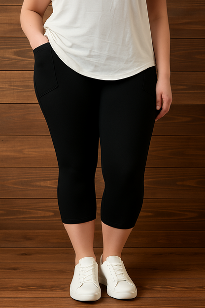 SOLID BLACK POCKET CAPRI LEGGINGS