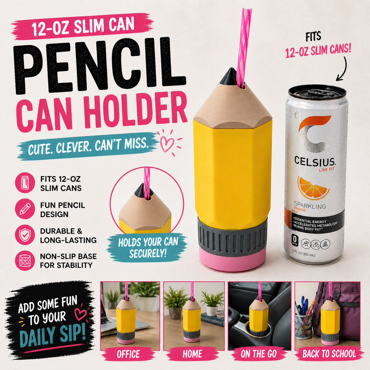 3D PRINTED CUSTOM PENCIL 12 OUNCE SKINNY CAN HOLDER