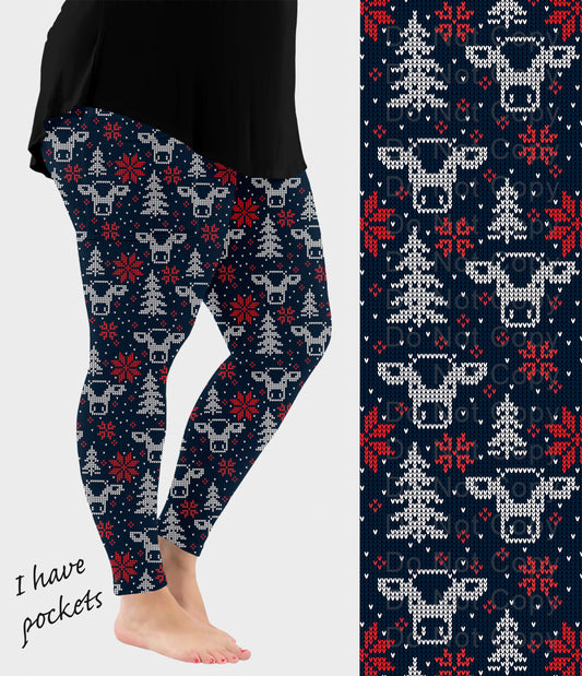 RTS - Christmas Cow Knit Leggings w/ Pockets