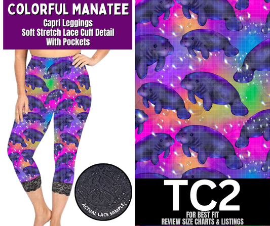 Colorful Manatee Lace Cuff Capris w/ Pockets