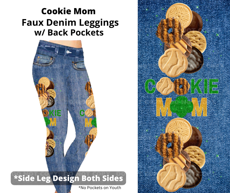 Cookie Mom Full Length Faux Denim w/ Side Leg Designs