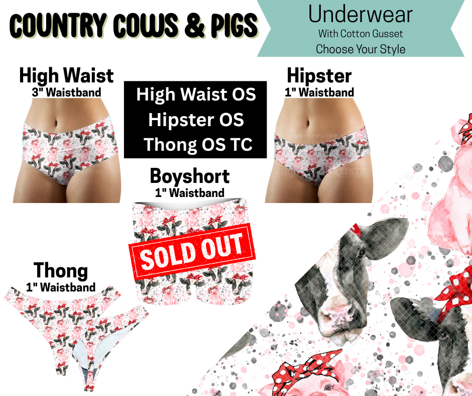 Country Cows & Pigs Hipster, High Waist, Thong Underwear