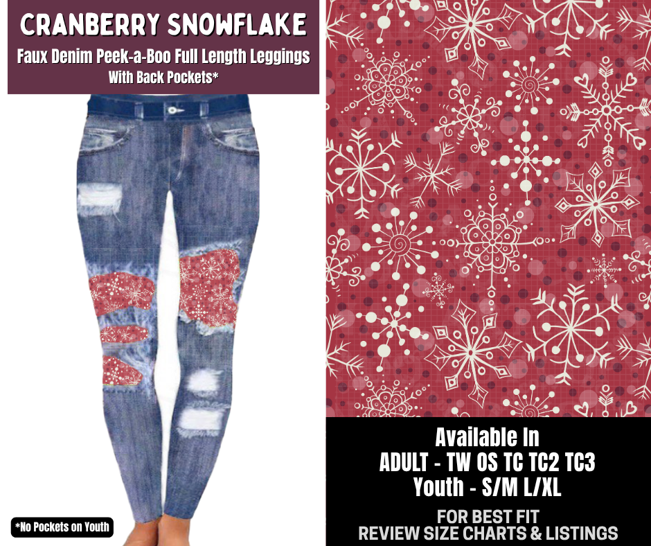 Preorder! Closes 9/14. ETA Dec. Cranberry Snowflake Full Length Faux Denim Peekaboo