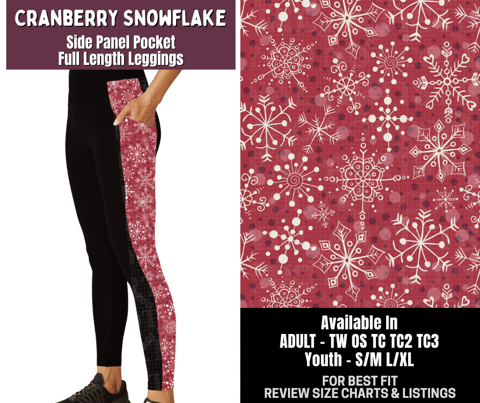 Preorder! Closes 9/14. ETA Dec. Cranberry Snowflake Side Panel Pocket Full Length Leggings