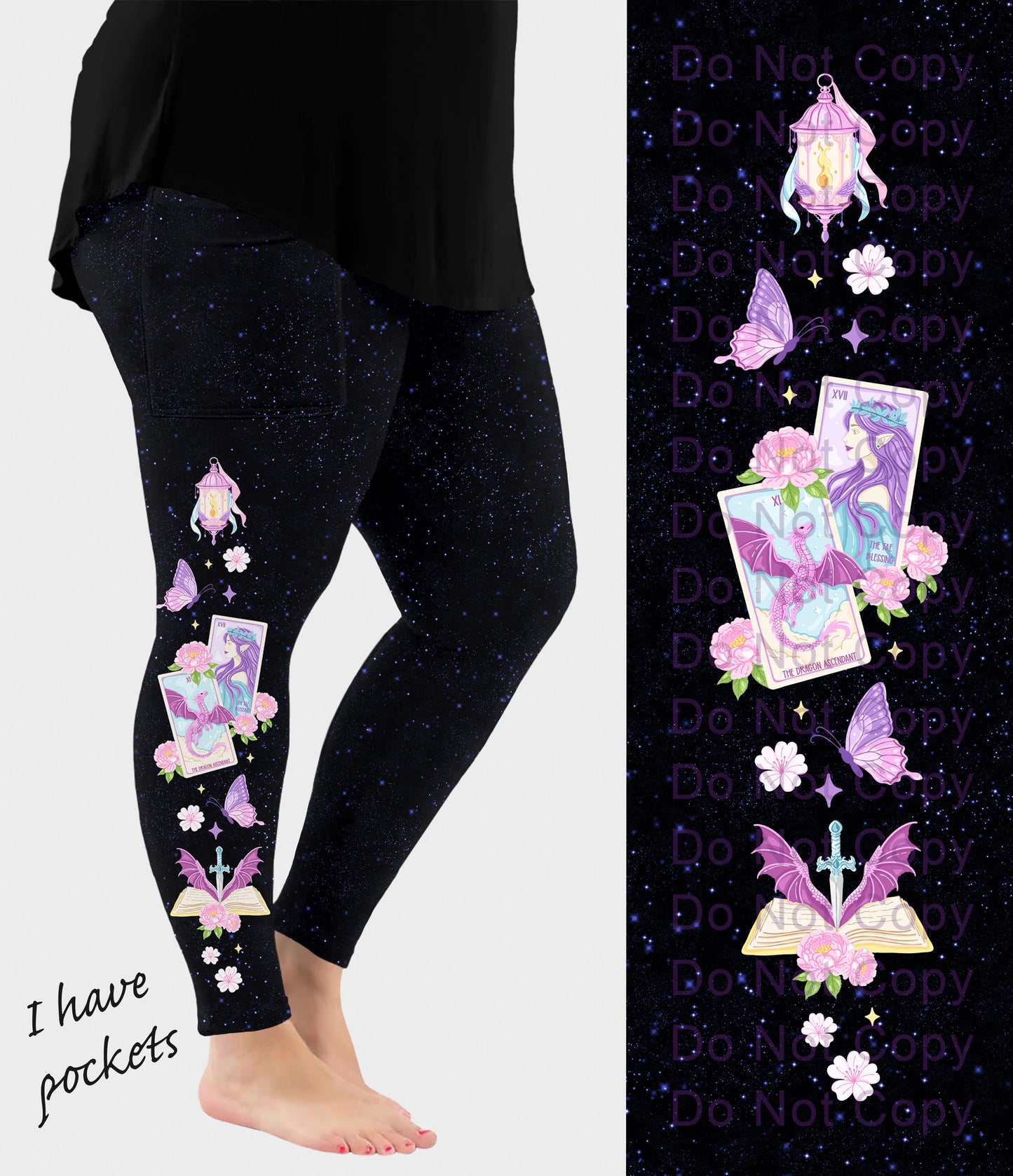 RTS - Dragon and Fae Side Design Leggings with Pockets