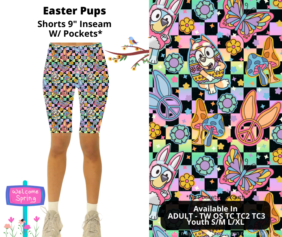 Preorder! Closes 1/20. ETA April. Easter Pups 9" Inseam Shorts w/wo Pockets