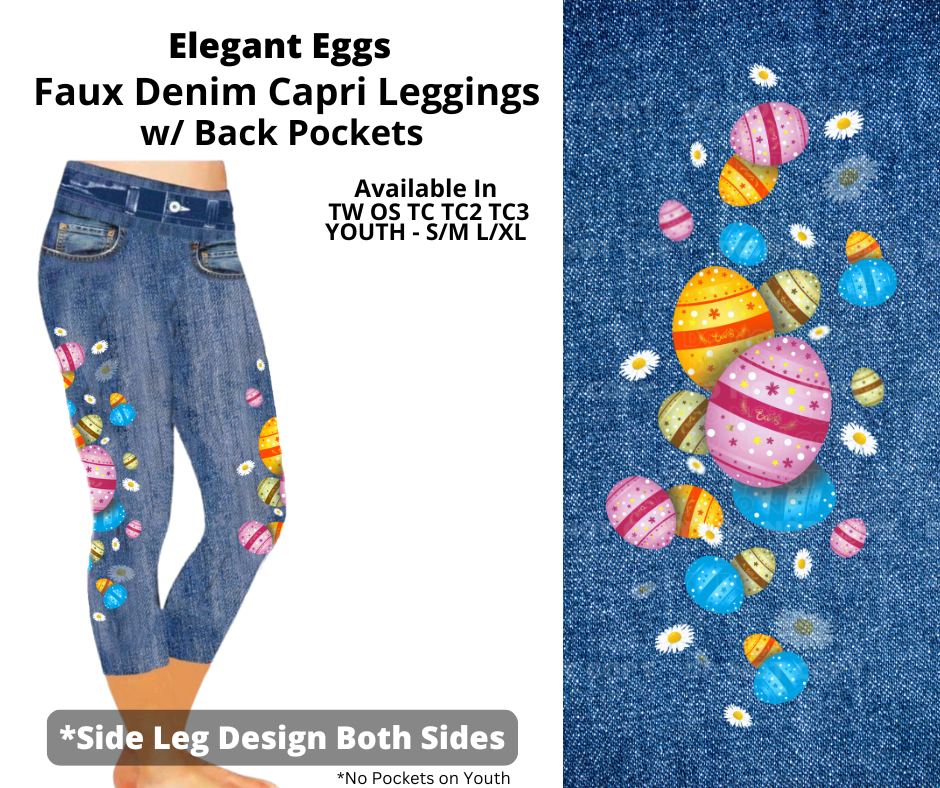 Preorder! Closes 2/5. ETA April. Elegant Eggs Capris Faux Denim w/ Side Leg Designs