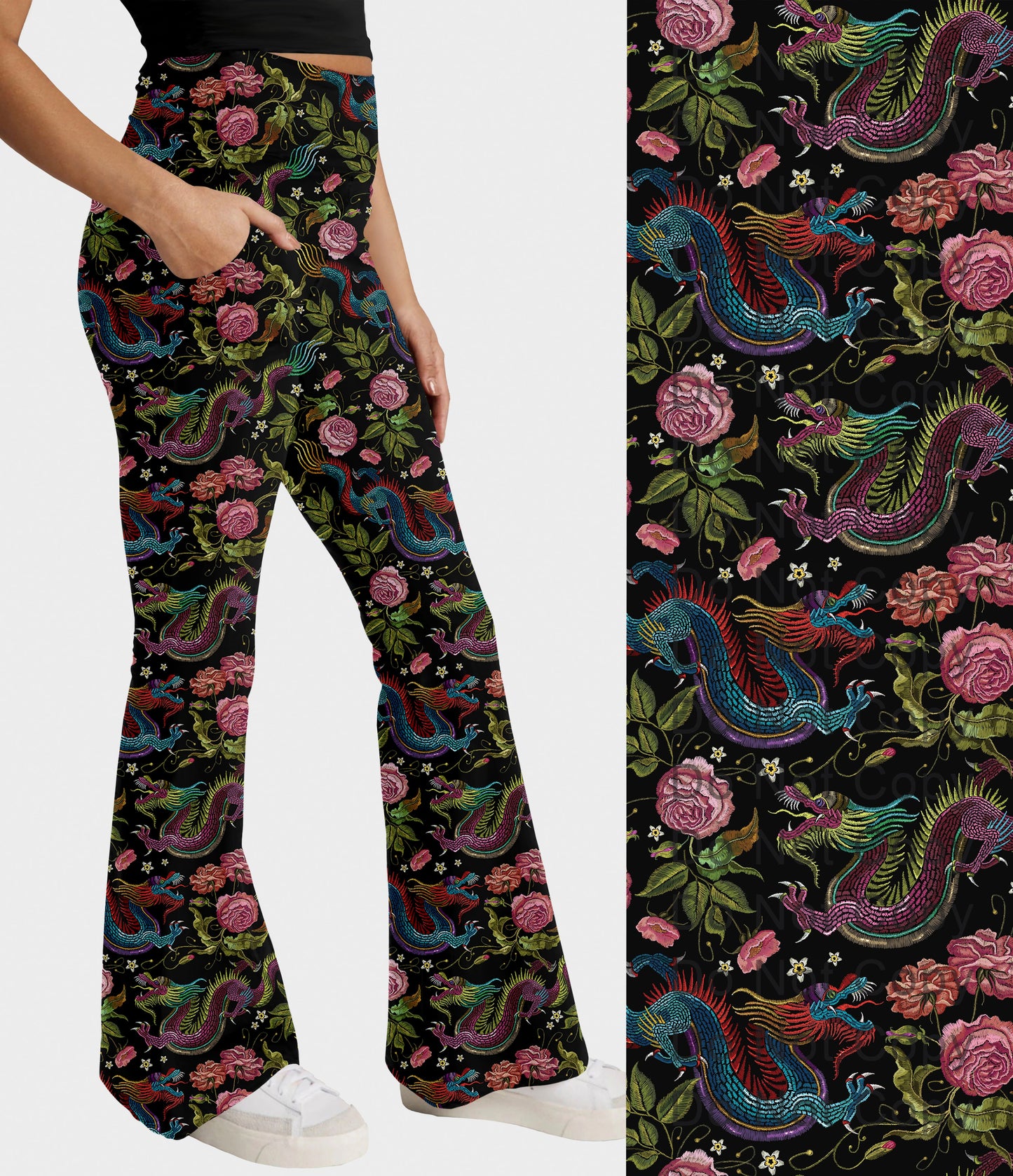 RTS - Embroidered Dragon Flare Leggings w/ Pockets