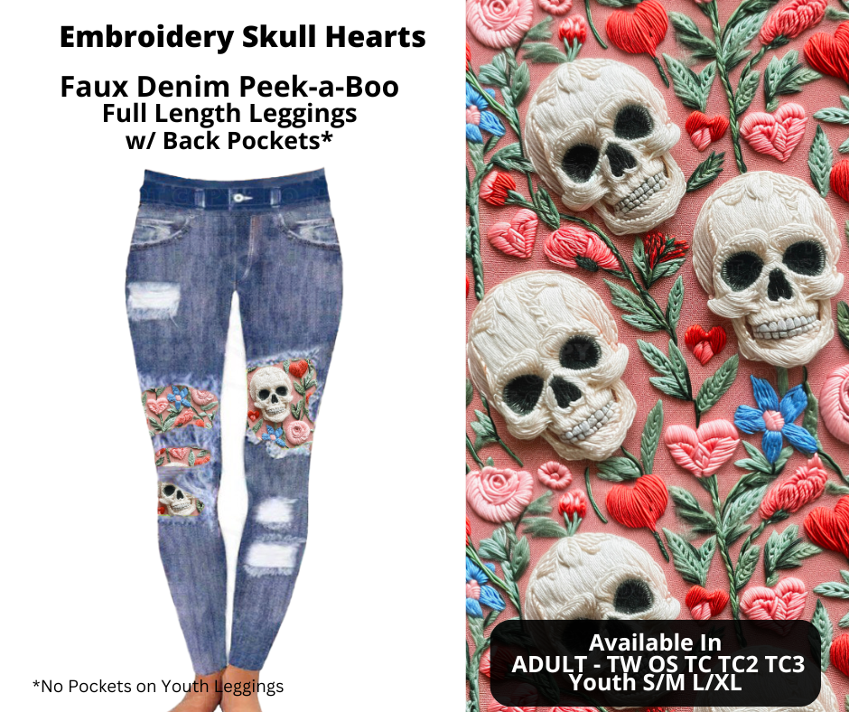 Preorder! Closes 11/20. ETA Jan. Embroidery Skull Hearts Faux Denim Peekaboo Full Length