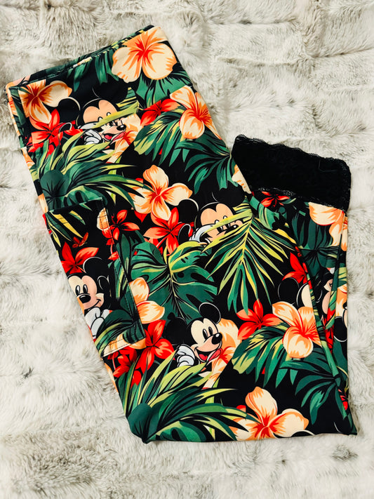 Tropical Mickey Floral Lace Cuff Leggings With Pockets