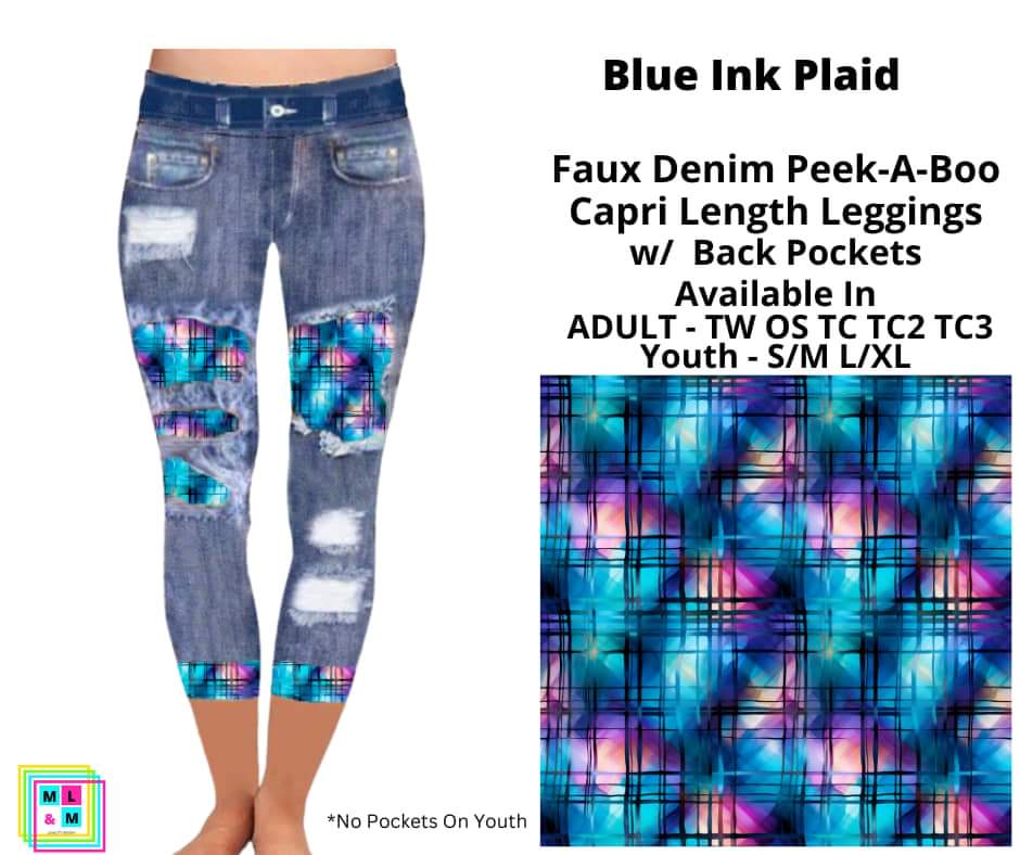 Blue Ink Plaid Faux Denim Capris