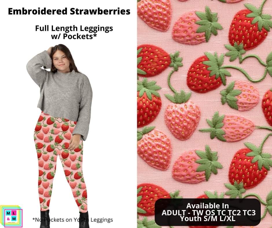 Embroidered Strawberries Full Length Leggings w/ Pockets