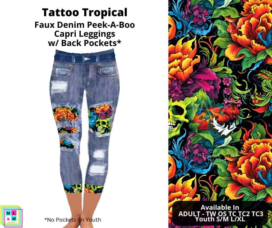 Tattoo Tropical Faux Denim Peekaboo Capris