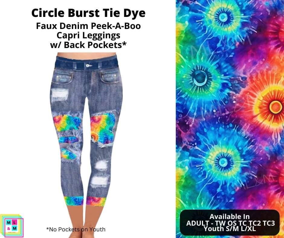 Circle Burst Tie Dye Faux Denim Peekaboo Capris