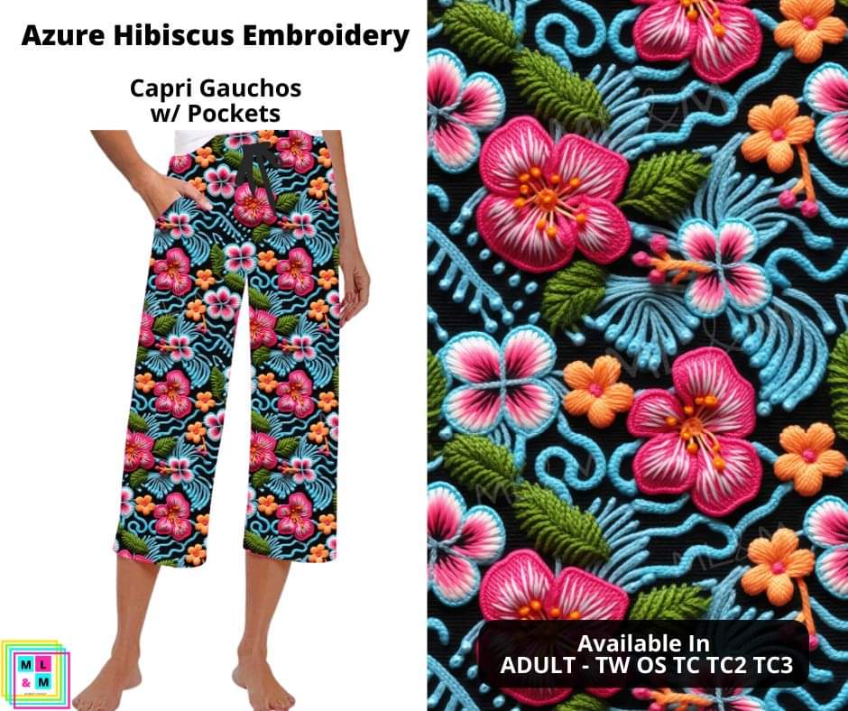 Azure Hibiscus Embroidery Capri Gauchos