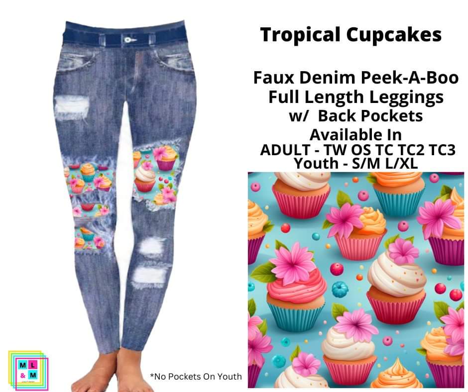 Tropical Cupcakes Faux Denim Full Length Peekaboo Leggings