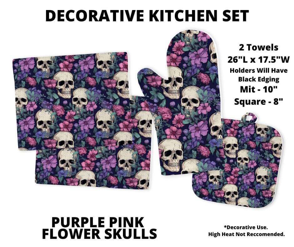 Purple Pink Flower Skulls Decorative Kitchen Set