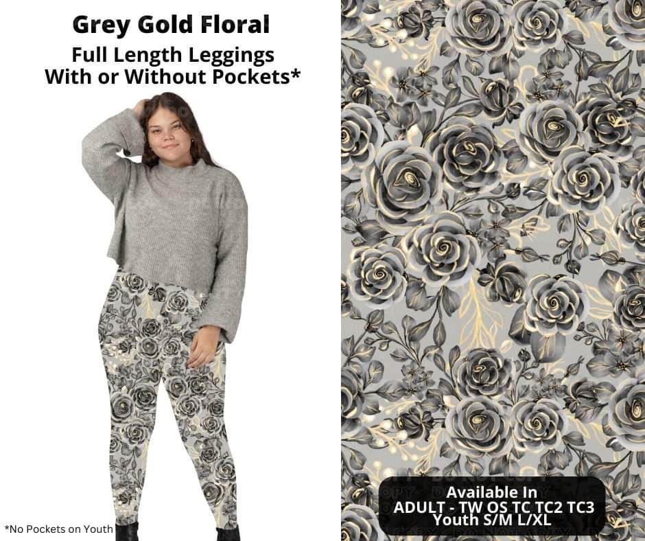 Grey Gold Floral Full Length Leggings w/ Pockets