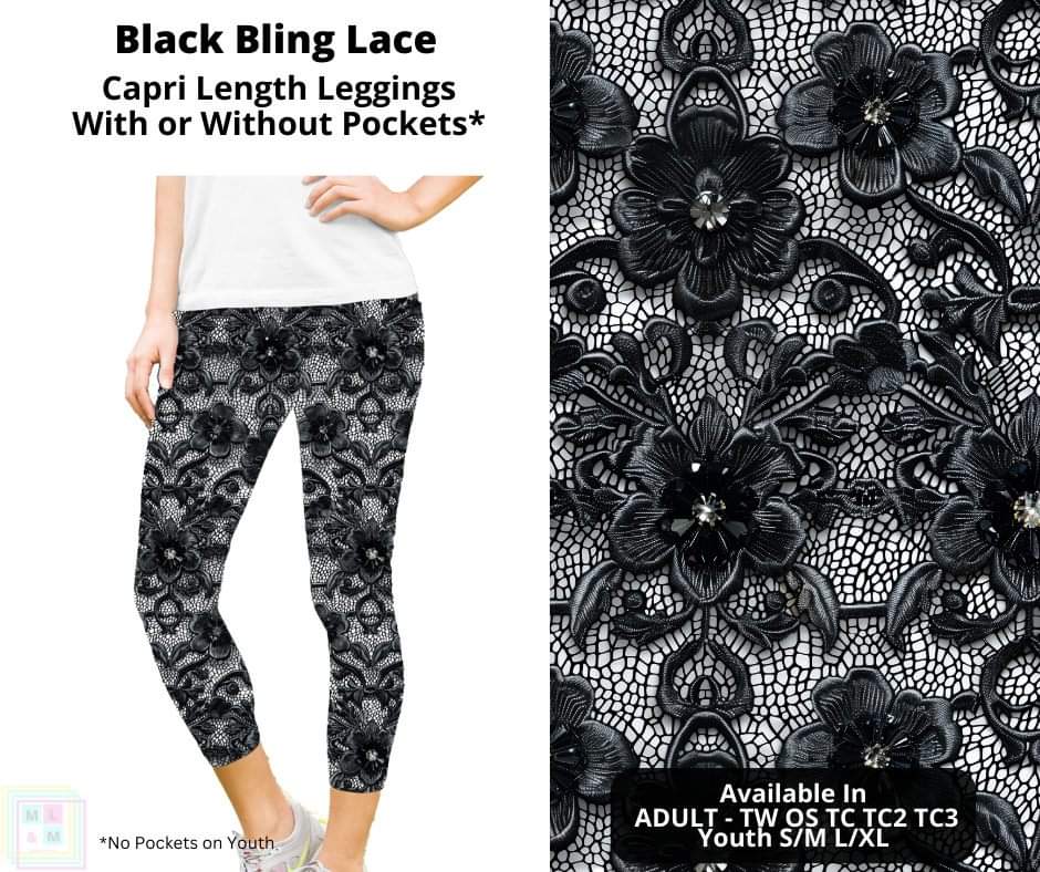 Black Bling Lace Capri Length Leggings w/ Pockets