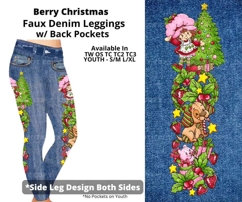 Berry Christmas Full Length Faux Denim w/ Side Leg Designs