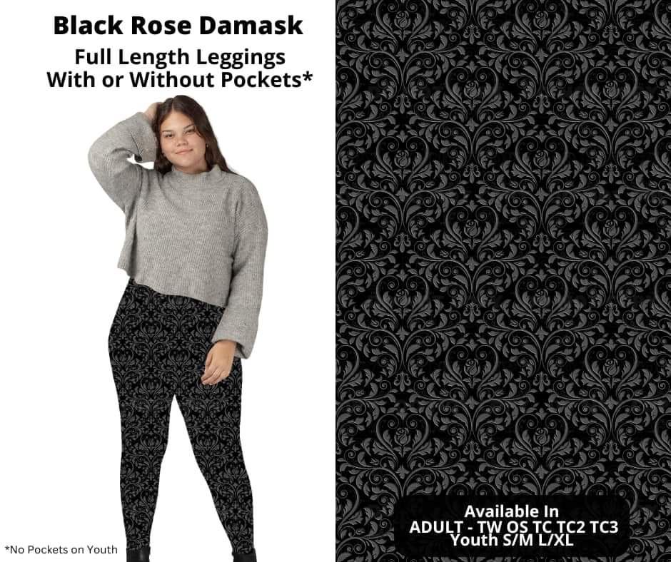 Black Rose Damask Full Length Leggings w/ Pockets