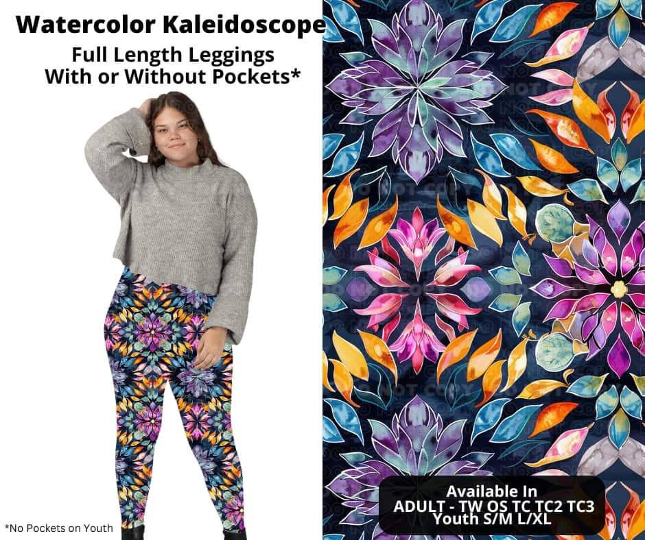 Watercolor Kaleidoscope Full Length Leggings w/ Pockets