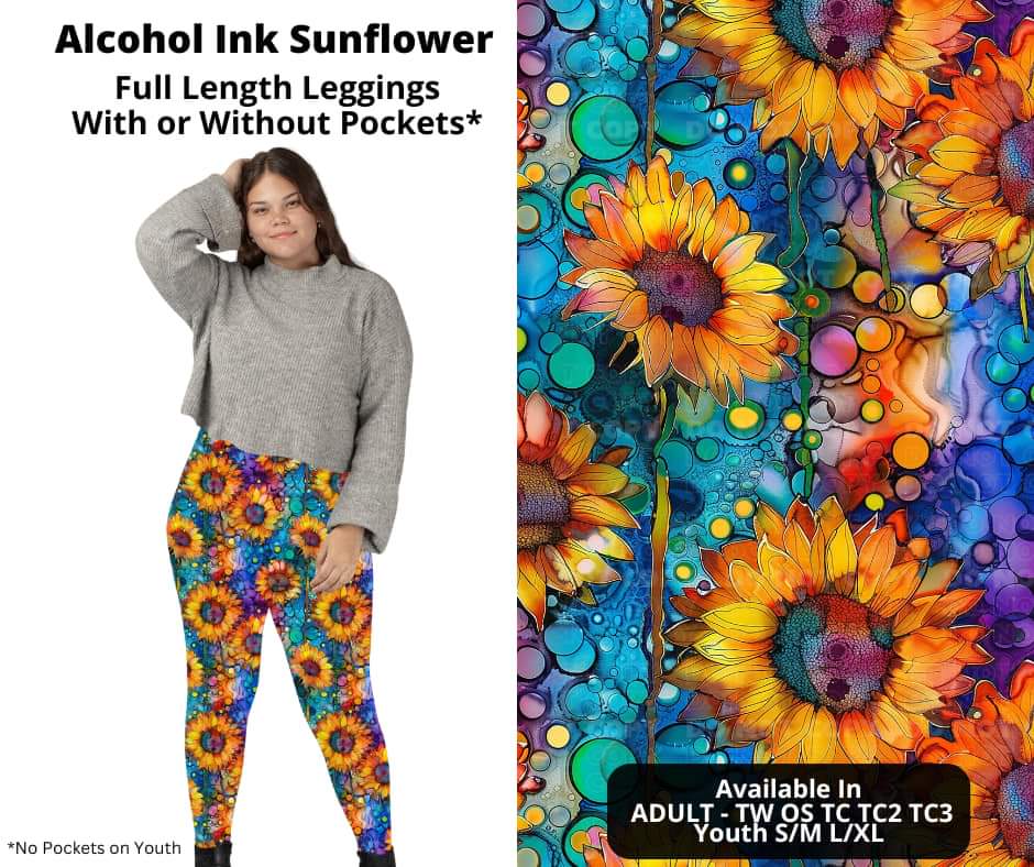 Alcohol Ink Sunflower Full Length Leggings w/ Pockets