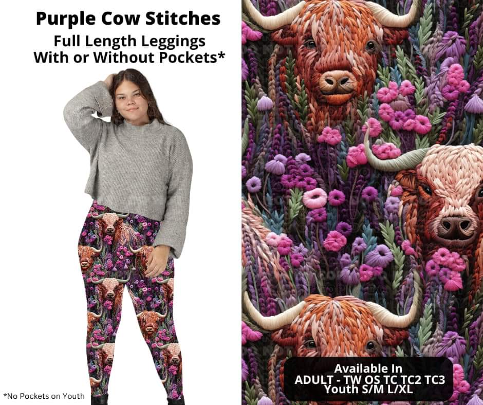 Purple Cow Stitches Full Length Leggings w/ Pockets