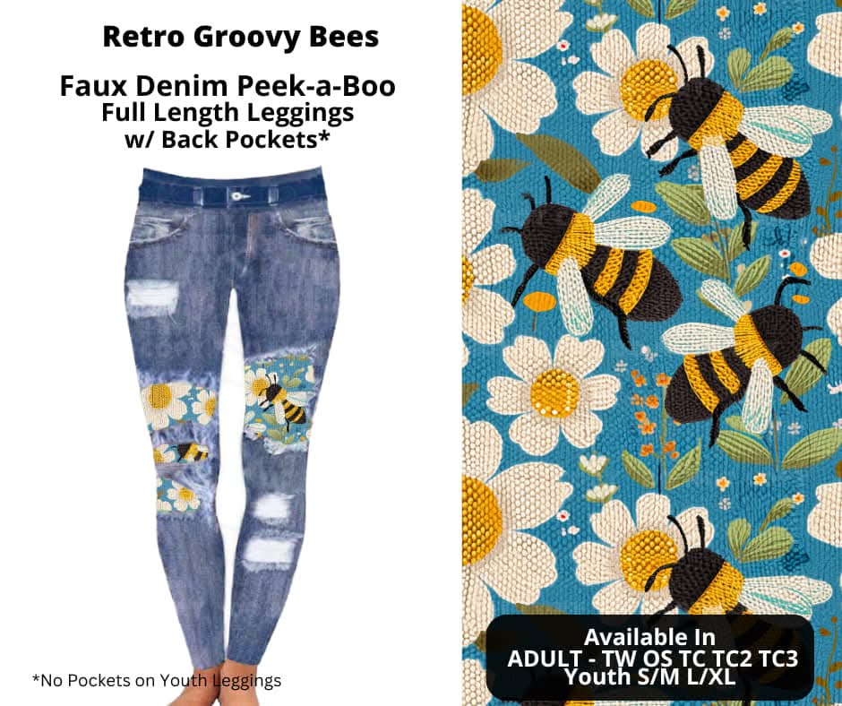 Retro Groovy Bees Faux Denim Full Length Peekaboo Leggings