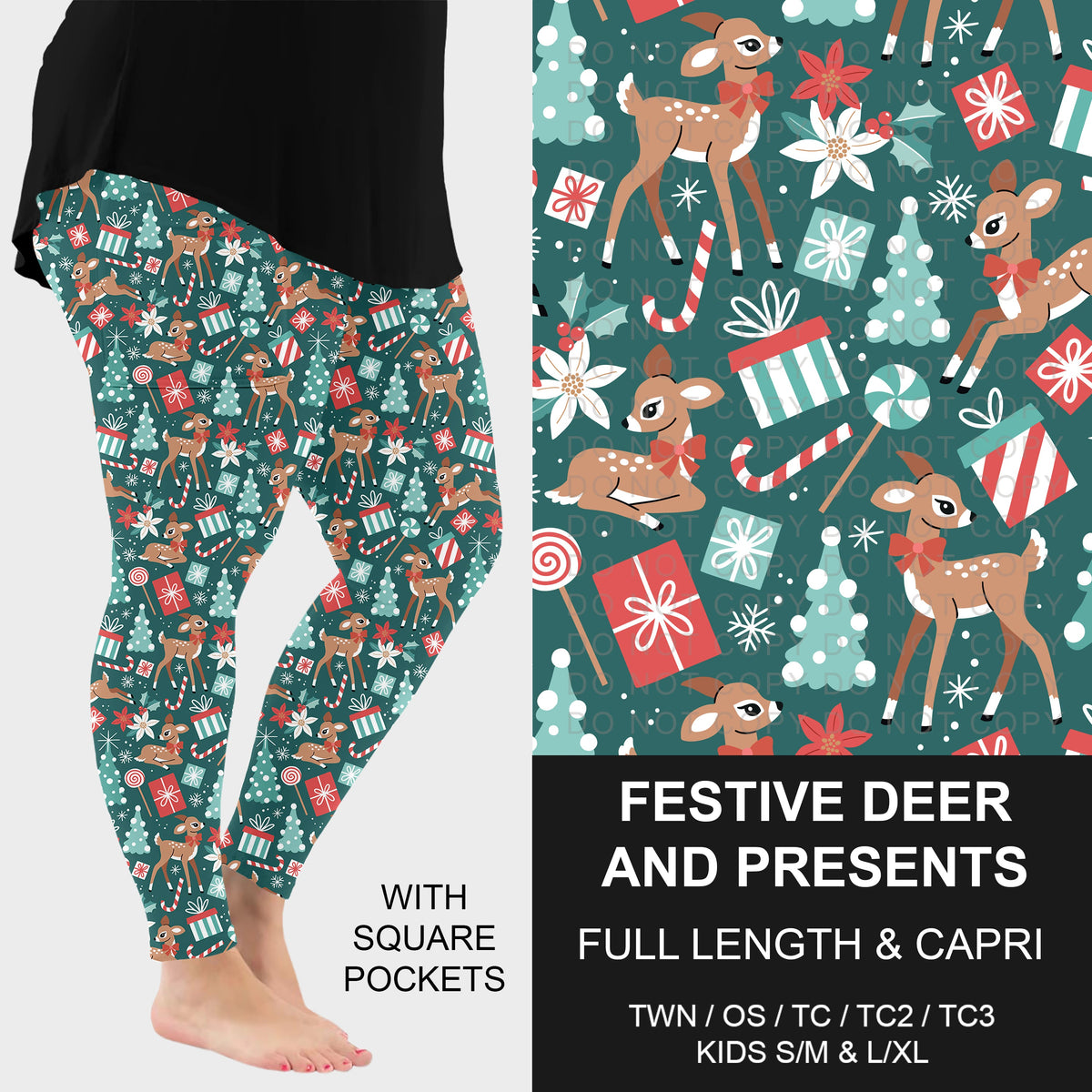 B315 - Preorder Festive Deer and Presents Leggings w/ Pockets (Closes 10/04. ETA: early Dec.)