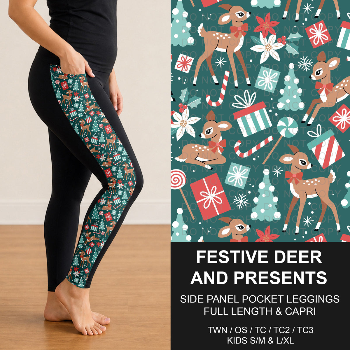 B315 - Preorder Festive Deer and Presents Side Panel Pocket Leggings (Closes 10/04. ETA: early Dec.)