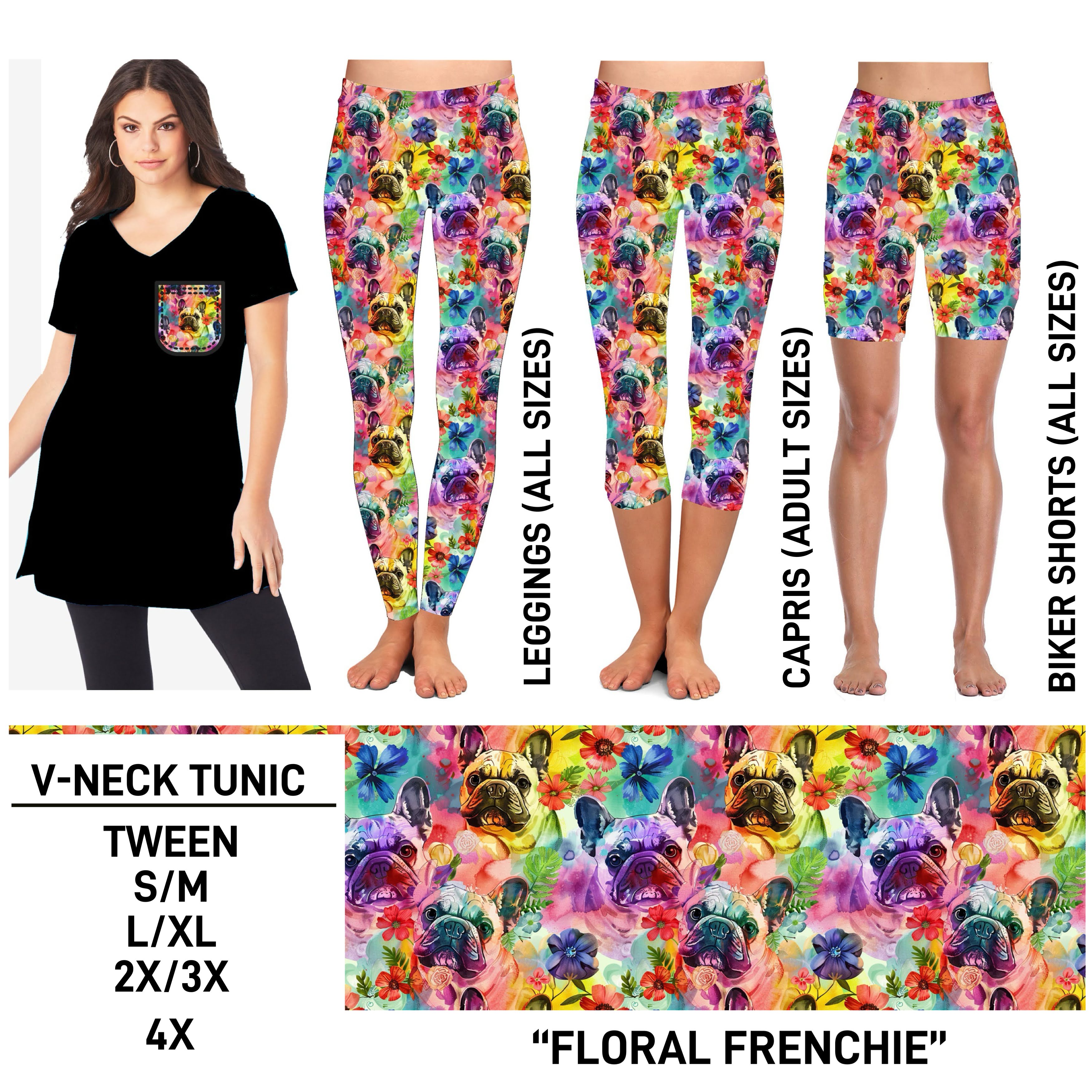 TS2N - Floral Frenchie V-Neck Tunic - Preorder ETA: Mid-Feb