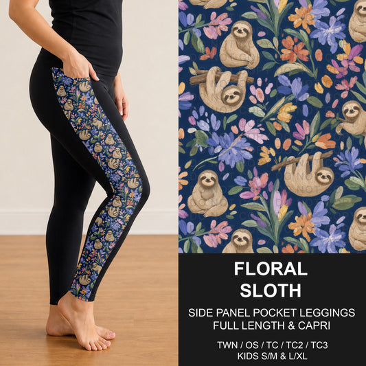 B317 - Preorder Floral Sloth Side Panel Pocket Leggings (Closes 10/18. ETA: late Dec.)