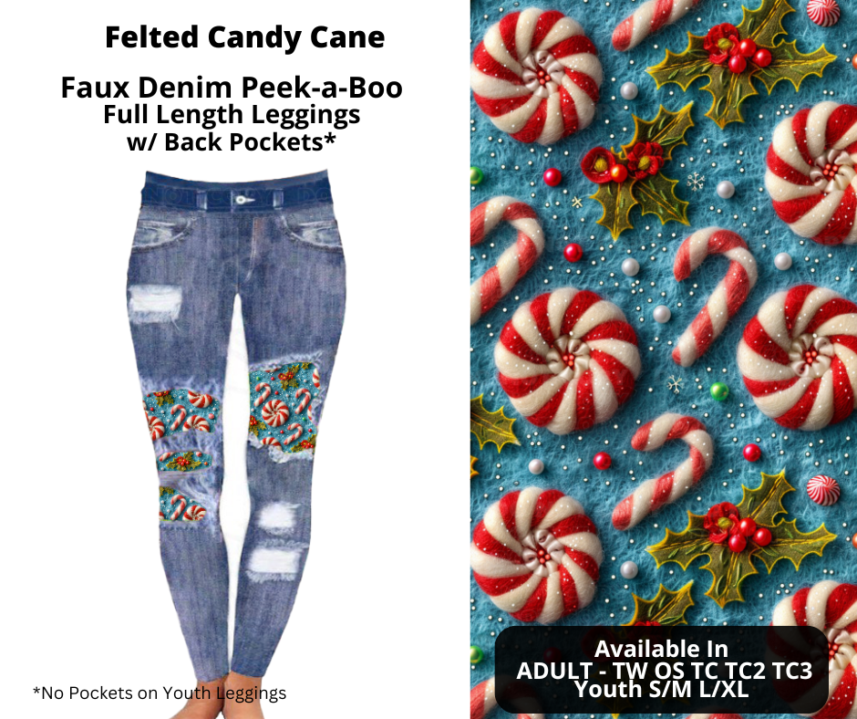 Felted Candy Cane Faux Denim Full Length Peekaboo Leggings