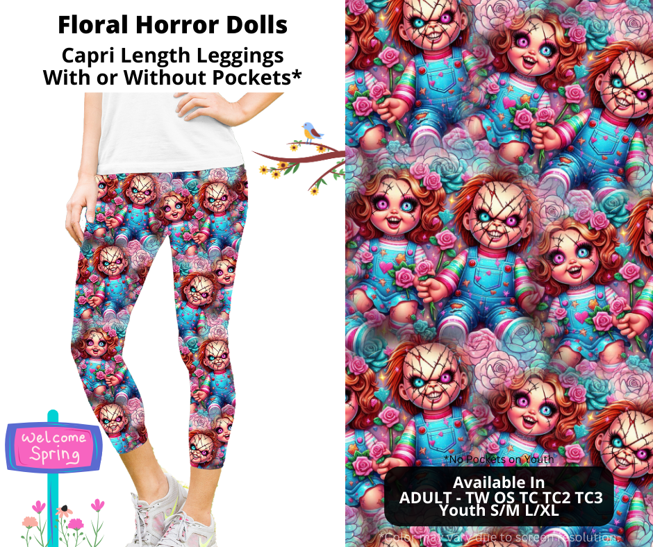 Preorder! Closes 1/27. ETA April. Floral Horror Dolls Capri Leggings w/wo Pockets