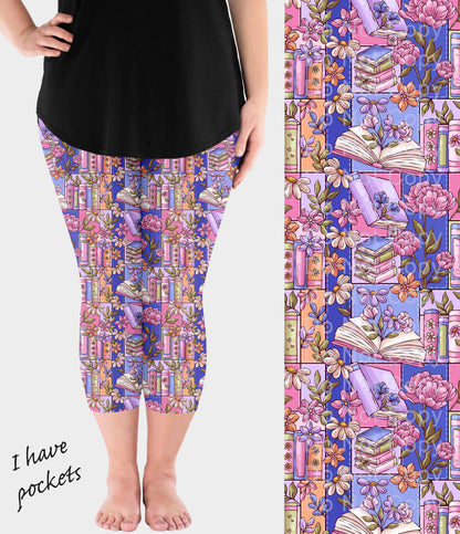 RTS - Floral Book Patchwork Capri Leggings w/ Pockets
