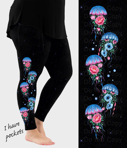 RTS - Floral Jellyfish Side Design Leggings w/ Pockets