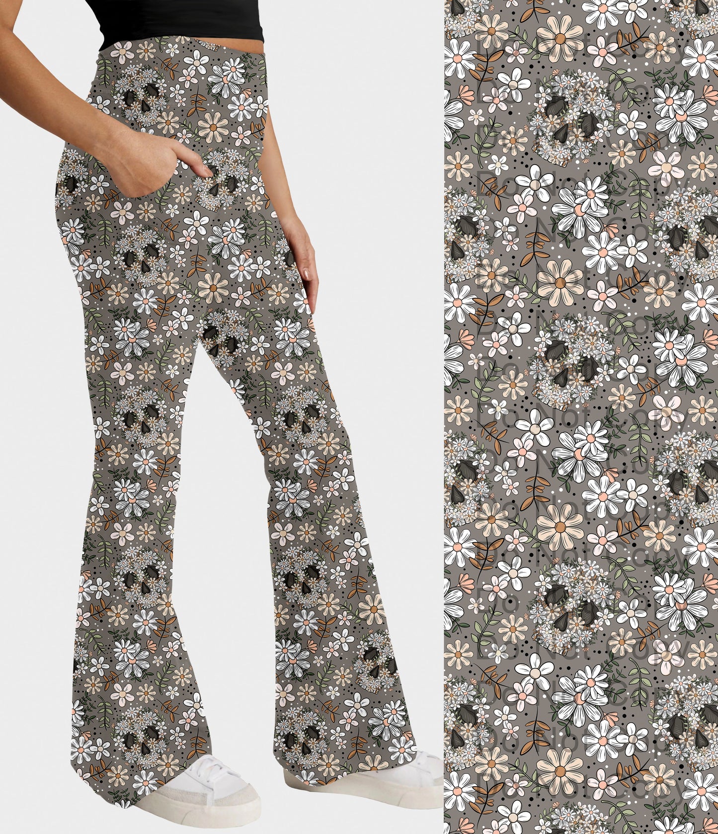 RTS - Floral Skulls Flare Leggings w/ Pockets