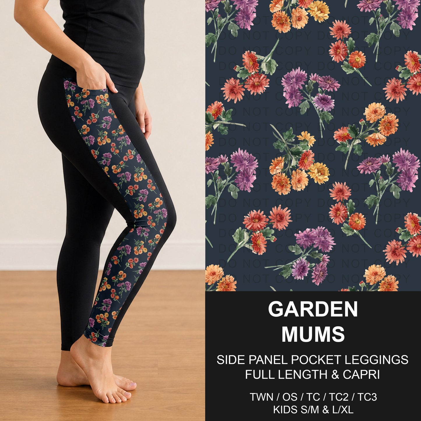B308 - Preorder Garden Mums Side Panel Pocket Leggings (Closes 8/16. ETA: late Oct.)