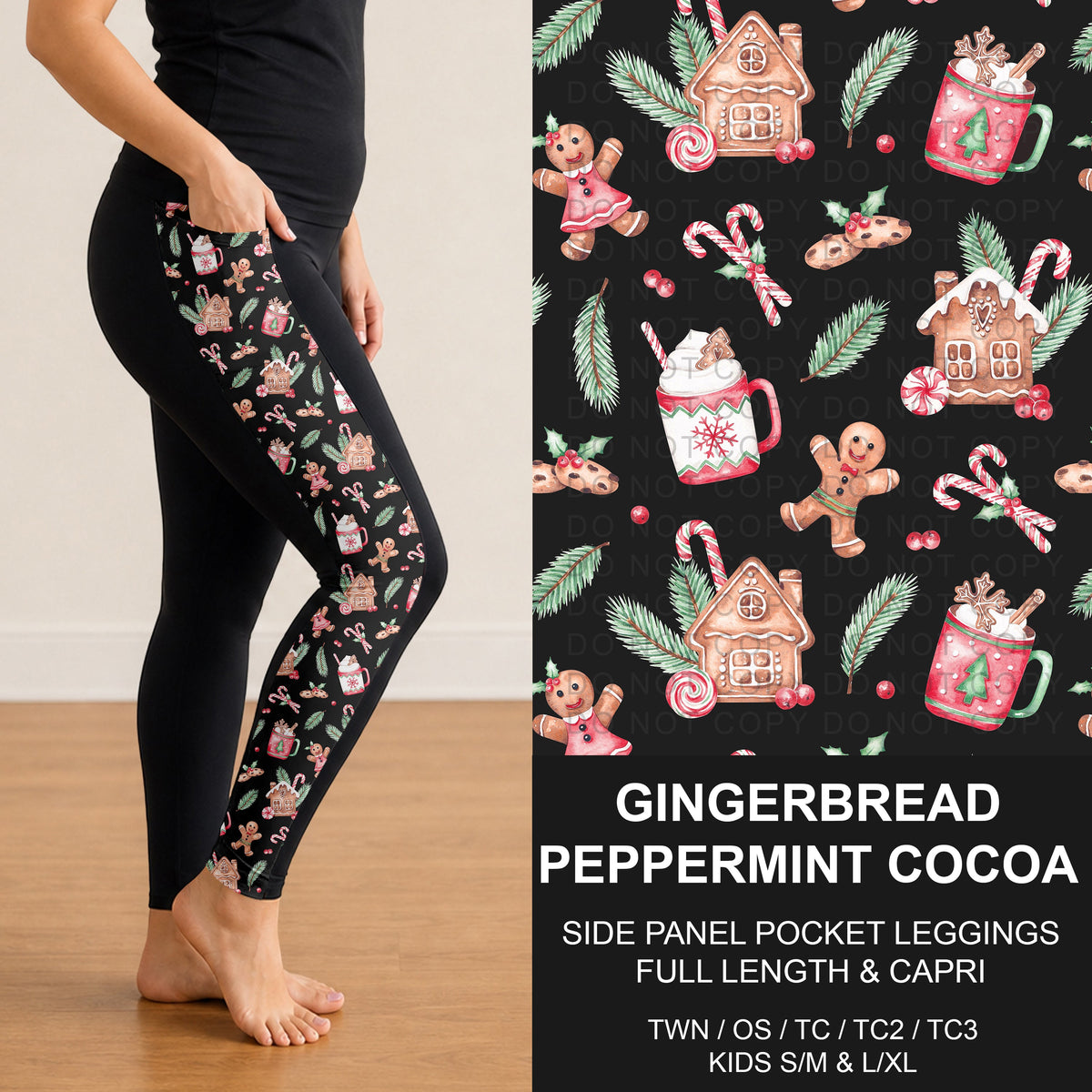 B313 - Preorder Gingerbread Peppermint Cocoa Side Panel Pocket Leggings (Closes 9/20. ETA: late Nov.)