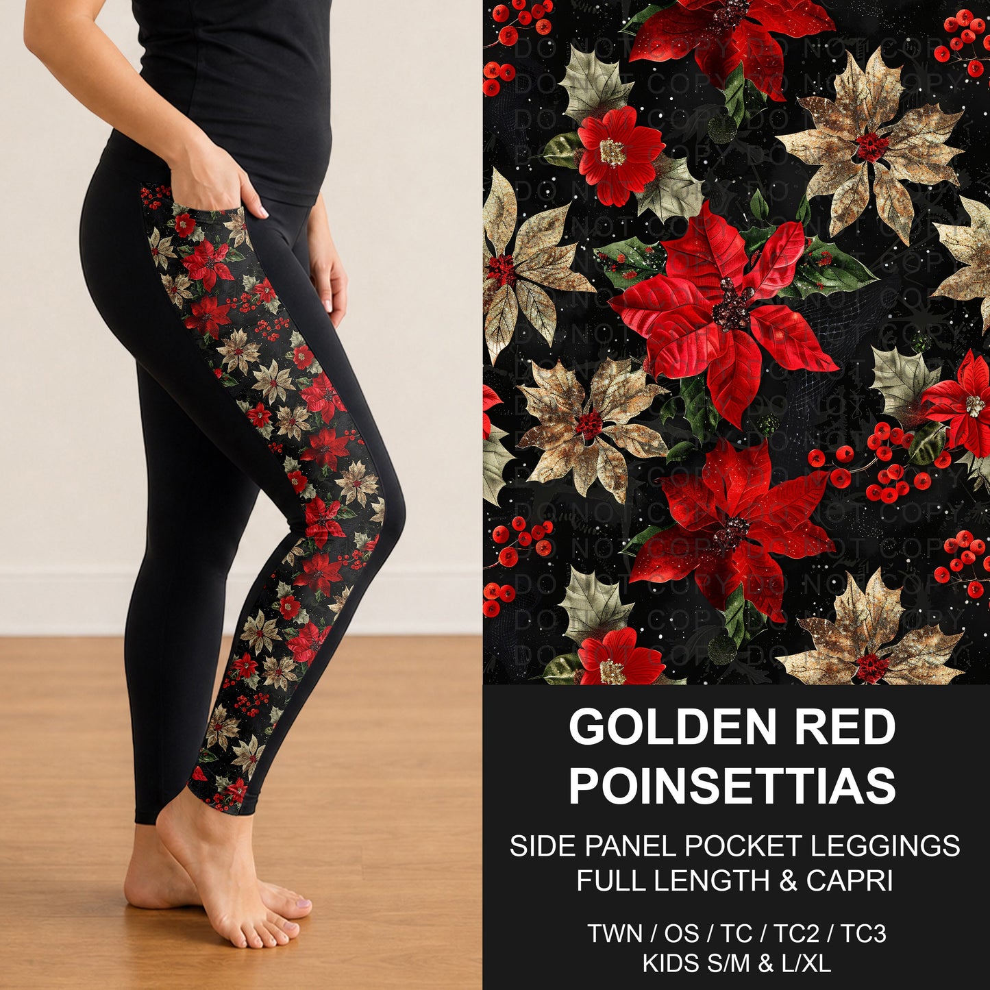 B303 - Preorder Golden Red Poinsettias Side Panel Pocket Leggings (Closes 7/26. ETA: early Oct.)